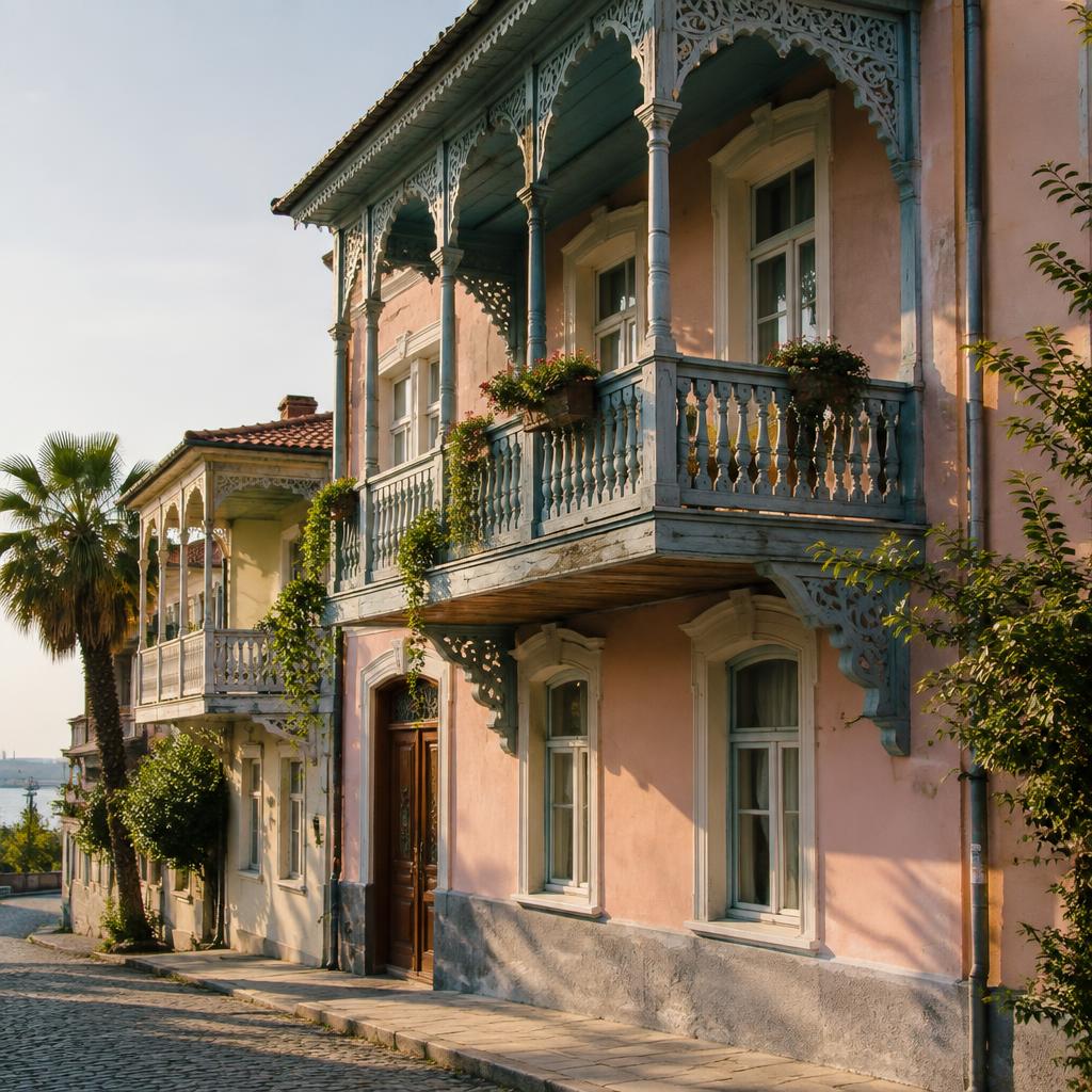 Old Batumi street with a carved wooden balcony